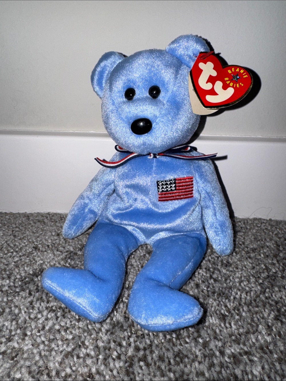 Ty Blue Bear Plush with Embroidered American Flag